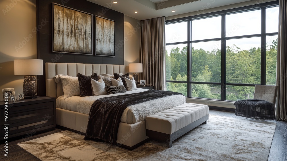 Modern Bedroom Interior Design with Large Window and Plush Bedding Modern Bedroom Interior Design with Large Window and Plush Bedding