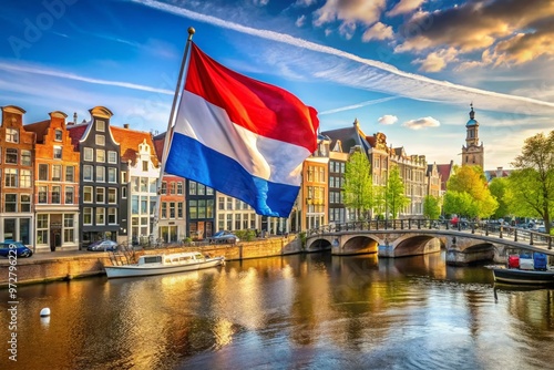 Vibrant red, white, and blue flag of Amsterdam, Netherlands, waving gently in the breeze, with ornate architecture and photo