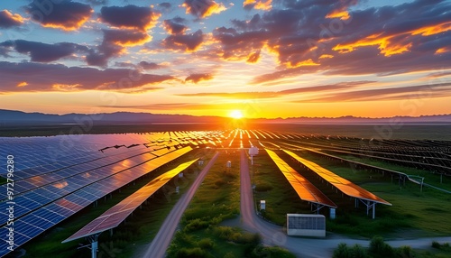 Stunning sunset stroll through a solar farm, highlighting the harmony of renewable energy and natures beauty. photo