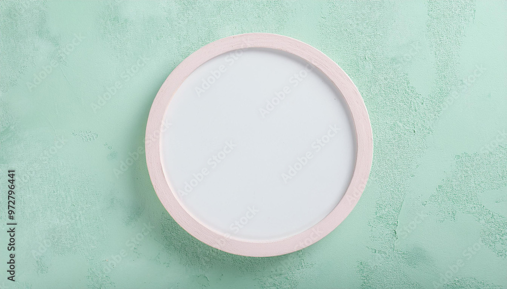 Round frame on textured pastel-toned stucco background. Minimalist display. Mock-up. Close-up. Round frame on textured pastel-toned stucco background. Minimalist display. Mock-up. Close-up.