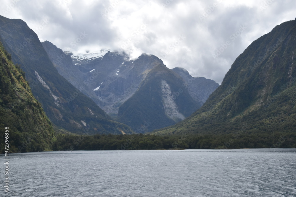 The fiords and stunning mountain landscape at Milford Sound on the South Island of New Zealand The fiords and stunning mountain landscape at Milford Sound on the South Island of New Zealand