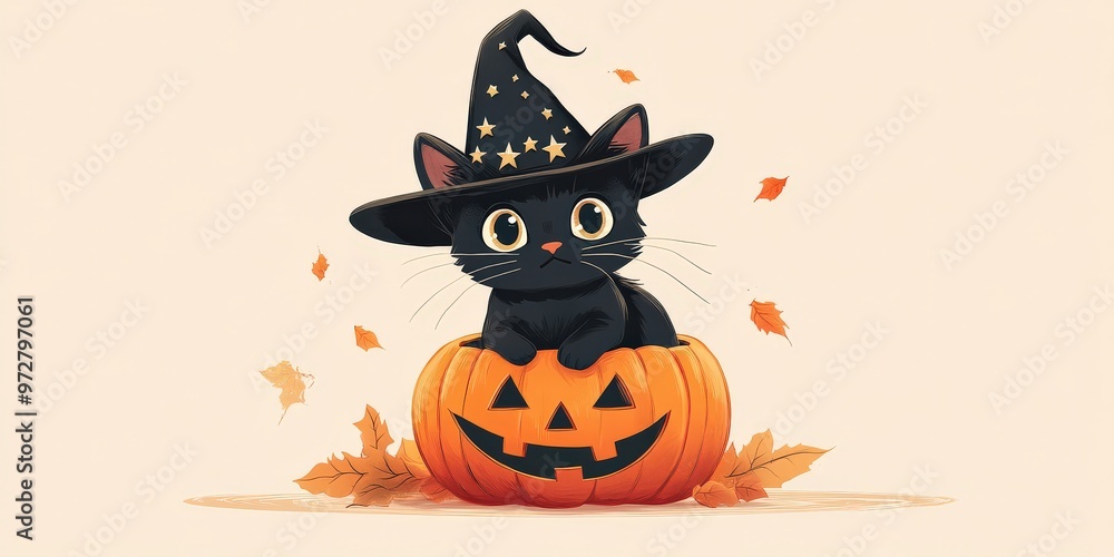 Halloween black cat with pumpkin and witch hat Halloween black cat with pumpkin and witch hat