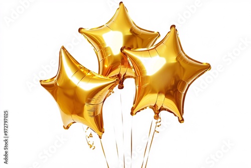 Shiny gold star balloons floating together, ideal for celebrations and special occasions in a festive setting