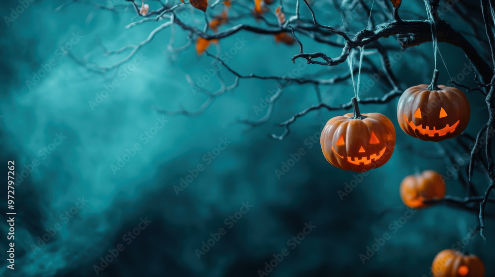Φωτογραφία Spooky Halloween scene with carved pumpkins hanging from a branch in a foggy atmosphere