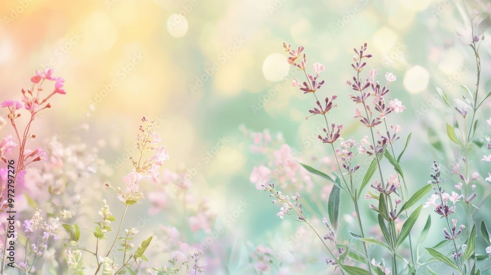 Soft pastel nature scene Create a nature scene featuring botanical elements like flowers and leaves in soft pastel colors such as lavender, mint green, and blush pink. Use soft, diffused lighting to Soft pastel nature scene Create a nature scene featuring botanical elements like flowers and leaves in soft pastel colors such as lavender, mint green, and blush pink. Use soft, diffused lighting to