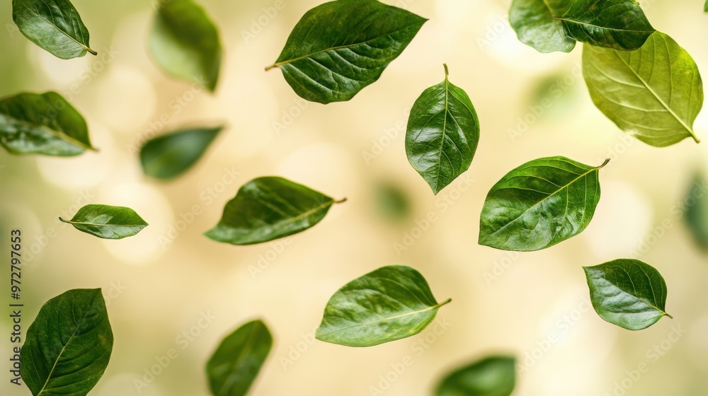 Falling Green Leaves on a Blurred Background, Spring, Nature, and Freshness Concept Falling Green Leaves on a Blurred Background, Spring, Nature, and Freshness Concept
