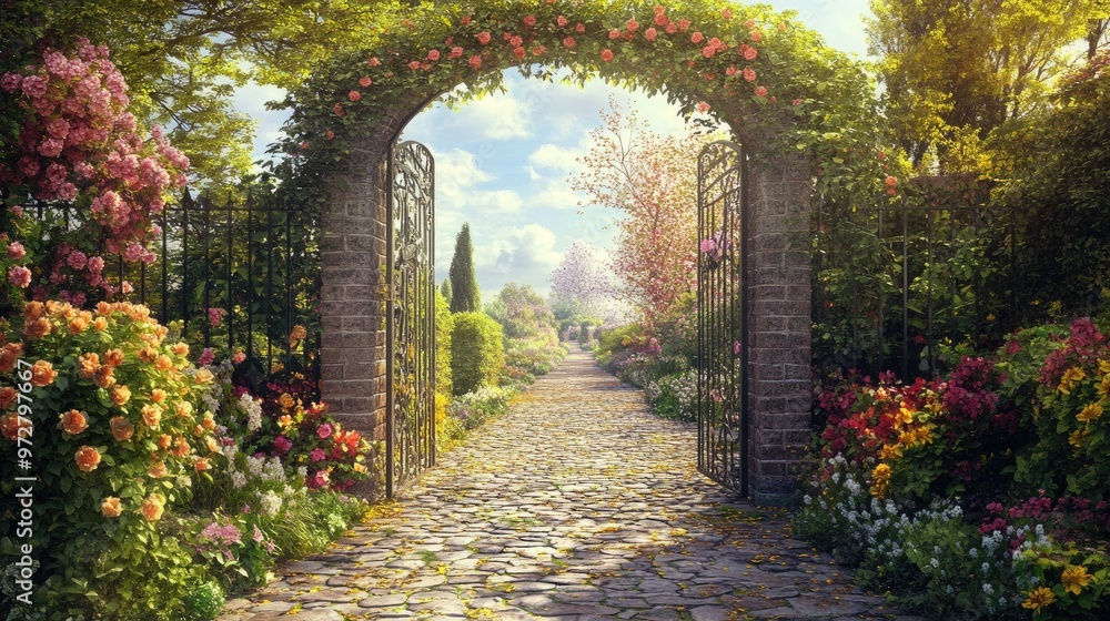 Fototapeta premium Open gate leading to a charming cobblestone pathway, lined with blooming flowers under a bright sky
