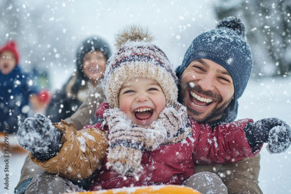 A father and daughter share laughter and joy as they enjoy a fun snow day outdoors, with bright smiles and bundled in warm winter coats and hats. A father and daughter share laughter and joy as they enjoy a fun snow day outdoors, with bright smiles and bundled in warm winter coats and hats.