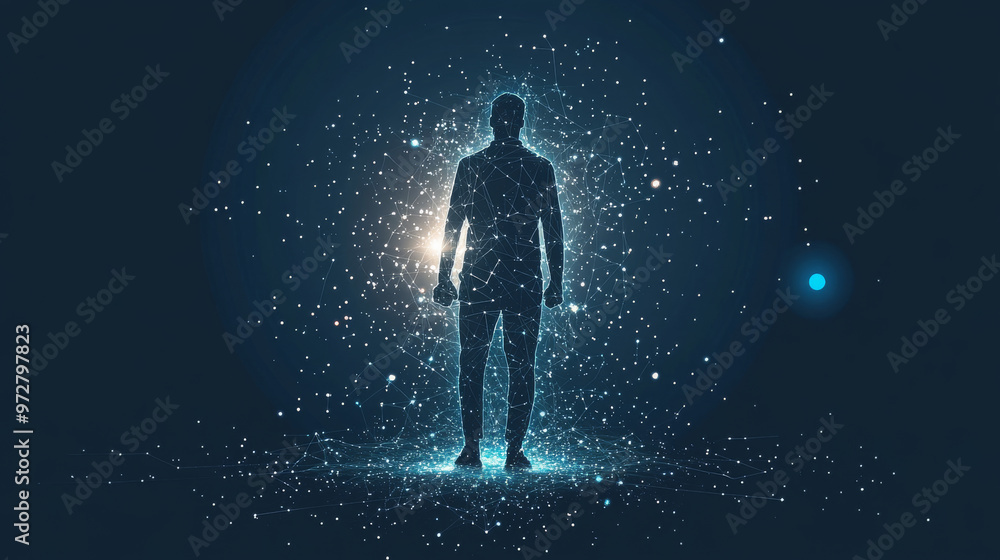 Abstract portrayal of a businessman lifting a dumbbell, visualized as a starry sky or space, formed by points, lines, and shapes resembling planets, stars, and the cosmos. Vector business concept. Abstract portrayal of a businessman lifting a dumbbell, visualized as a starry sky or space, formed by points, lines, and shapes resembling planets, stars, and the cosmos. Vector business concept.