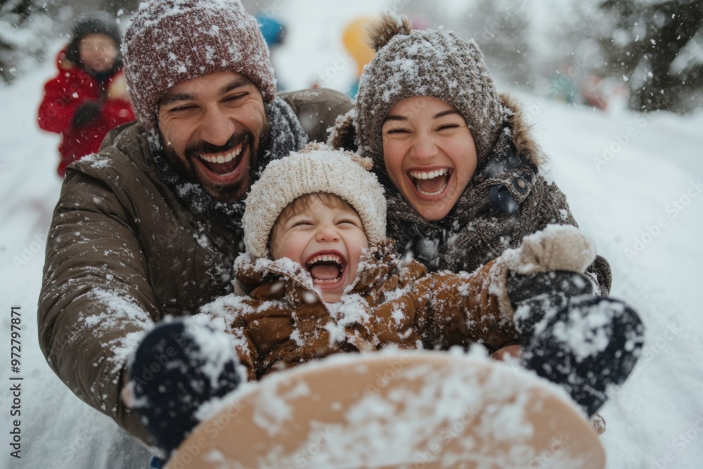 © Milos - A family enjoys sledding down a snowy hill with pure joy and excitement, bundled in winter clothing as snowflakes fall around them, creating unforgettable memories. © Milos - A family enjoys sledding down a snowy hill with pure joy and excitement, bundled in winter clothing as snowflakes fall around them, creating unforgettable memories.