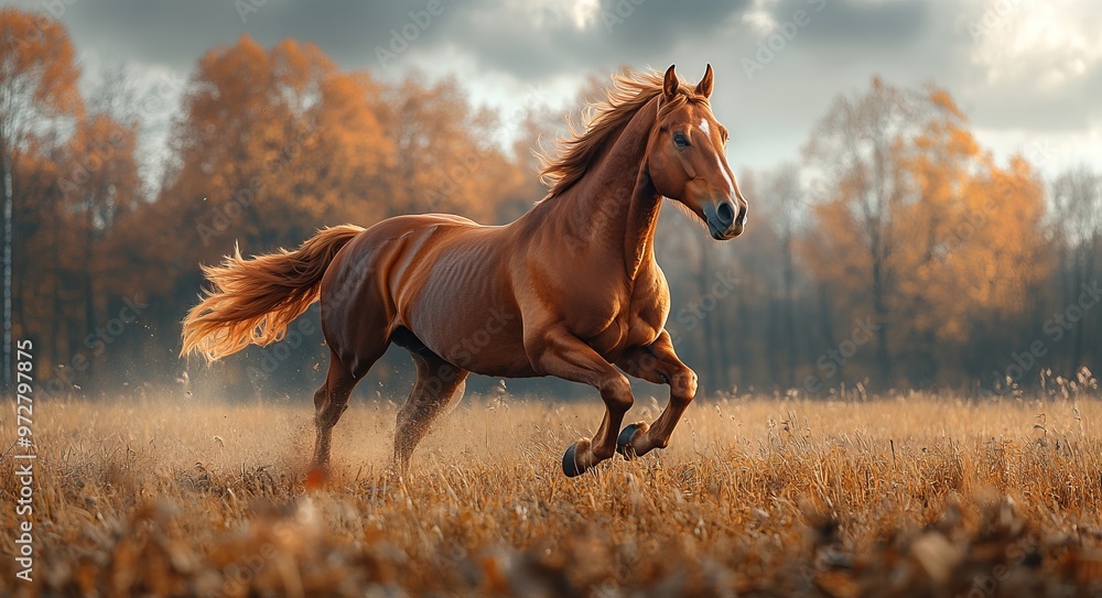 Fototapeta premium Brown Horse Galloping in Autumn Grassland, Cinematic Nature Scene. AI generated illustration