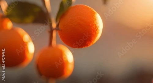 3d view of ripe orange fruit on stalk, sunset
