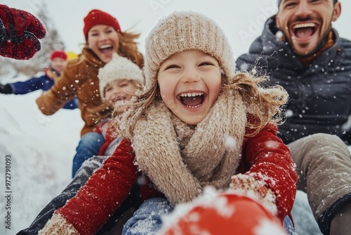 A joyful family gleefully sledding down a snow-covered hill, wrapped in warm winter clothing, creating cherished memories in a picturesque winter wonderland. photo