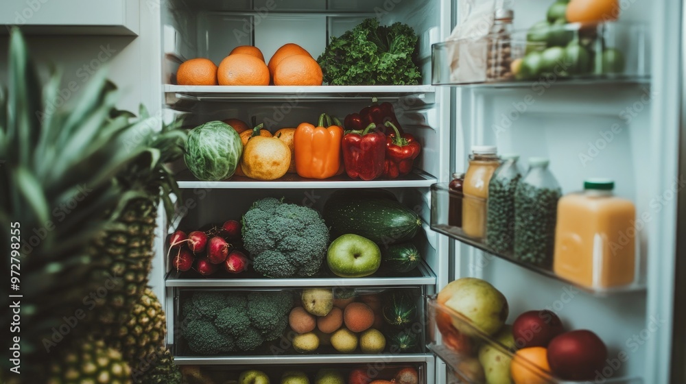 Open refrigerator stocked with fresh fruits, vegetables, and dairy, suggesting a healthy lifestyle Open refrigerator stocked with fresh fruits, vegetables, and dairy, suggesting a healthy lifestyle