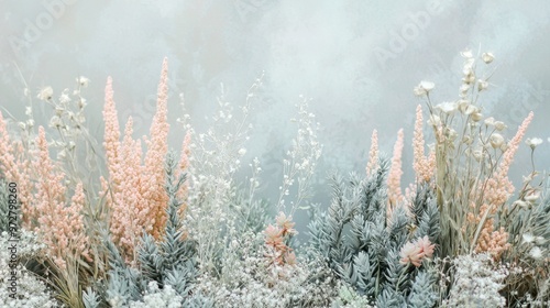 Delicate pastel plant textures Focus on the delicate textures of various plants in pastel tones such as pale green, light blue, and soft pink. Arrange the plants in a way that highlights their