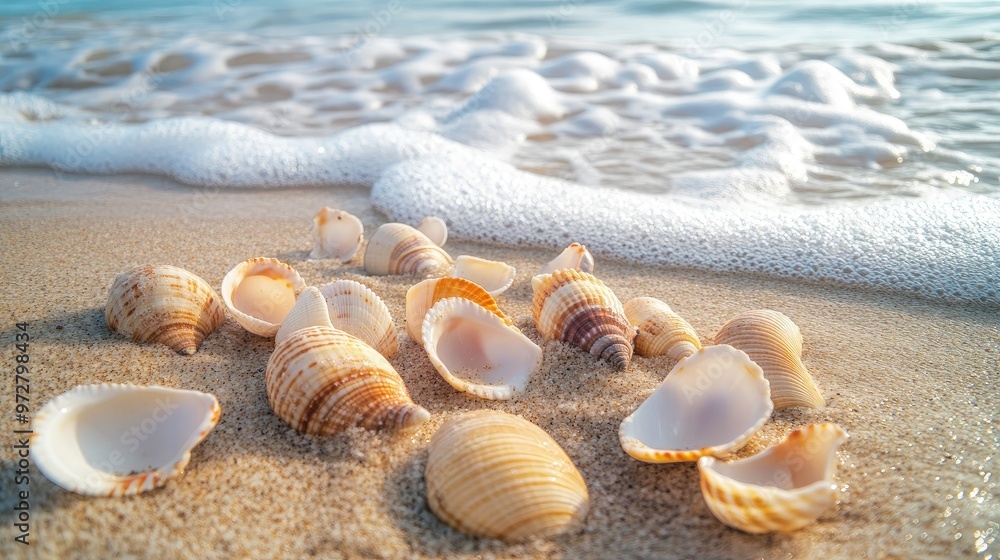 Open seashells scattered on the sand, with waves gently lapping at the shore in the background - Open seashells scattered on the sand, with waves gently lapping at the shore in the background -