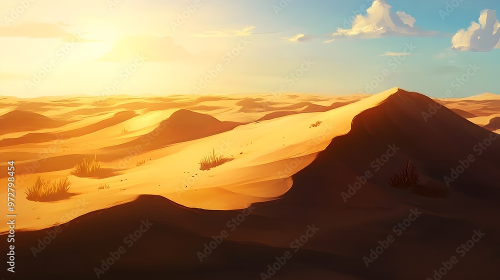 Naklejka premium Expansive Desert Landscape with Golden Glow and Sweeping Sand Dunes