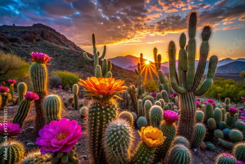 Vibrant sororo flowers bloom amidst dense, towering cacti in a serene desert landscape with a subtle warm glow photo