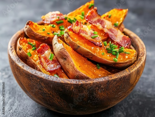 Baked sweet potato wedges topped with bacon, cheese, and chives, served in a rustic bowl, bacon potato snack, sweet potato and bacon combo