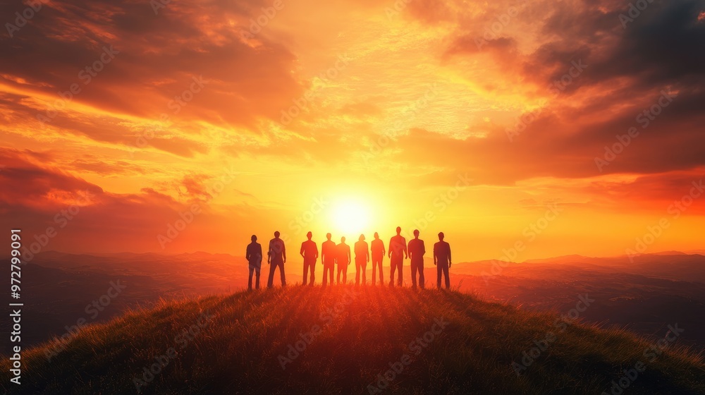 Fototapeta premium People standing shoulder to shoulder on a hilltop, looking towards a bright sunrise, symbolizing hope and unity