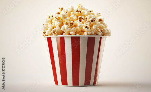 Freshly Popped Popcorn in a Classic Red and White Container photo