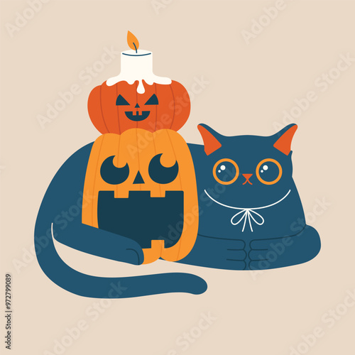 Halloween illustration with black cat with pumpkins and candle. Happy Halloween concept. Funny, quirky, cute clip art with character for sticker, invitation, banner, card, flyer. Flat Design.