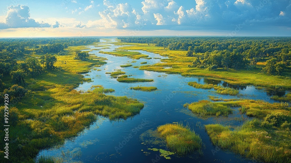 Serene riverside landscape with lush greenery and vibrant skies. Serene riverside landscape with lush greenery and vibrant skies.