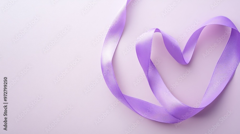 Purple ribbon loop twisted into a heart shape on a light lavender background, symbolizing love and elegance Purple ribbon loop twisted into a heart shape on a light lavender background, symbolizing love and elegance