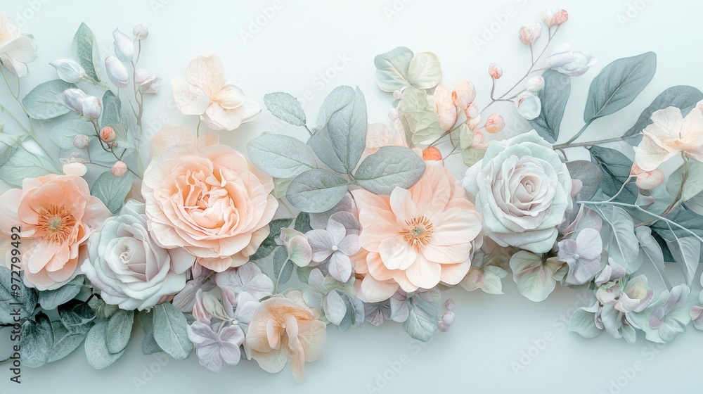 Obraz premium Serene pastel botanical arrangement Create an arrangement of botanical elements such as flowers and leaves in pastel colors like light mint, soft peach, and pale lavender. Use soft, diffused lighting