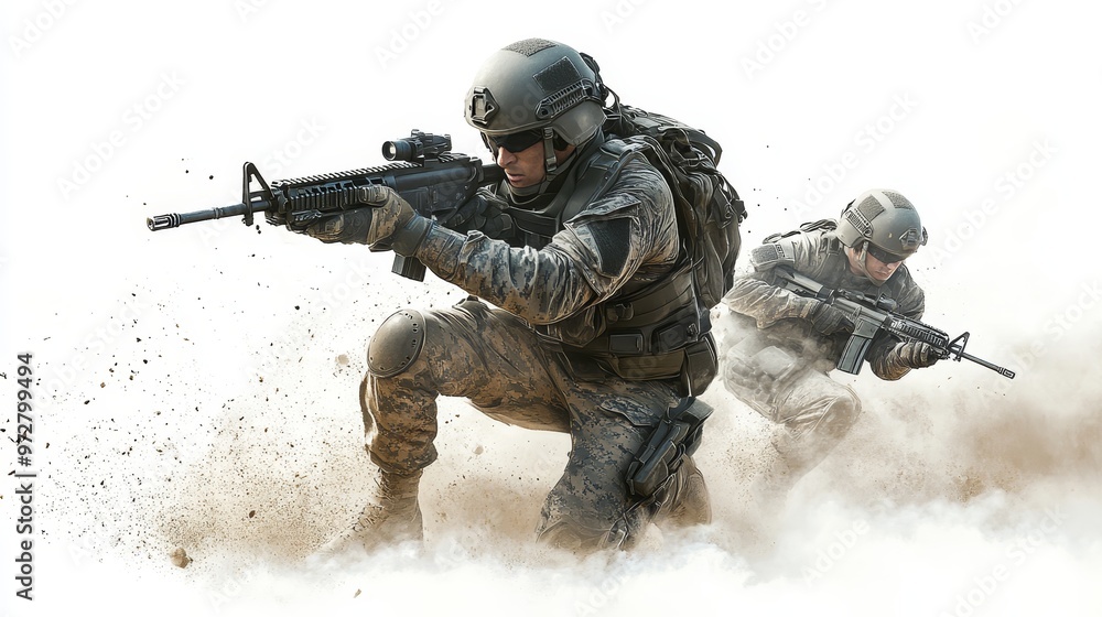 Fototapeta premium Two soldiers in full tactical gear, one crouching and aiming a rifle while another advances behind with a weapon in hand.