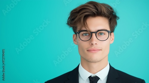 A man wearing glasses and a suit is smiling for the camera. Concept of professionalism and confidence