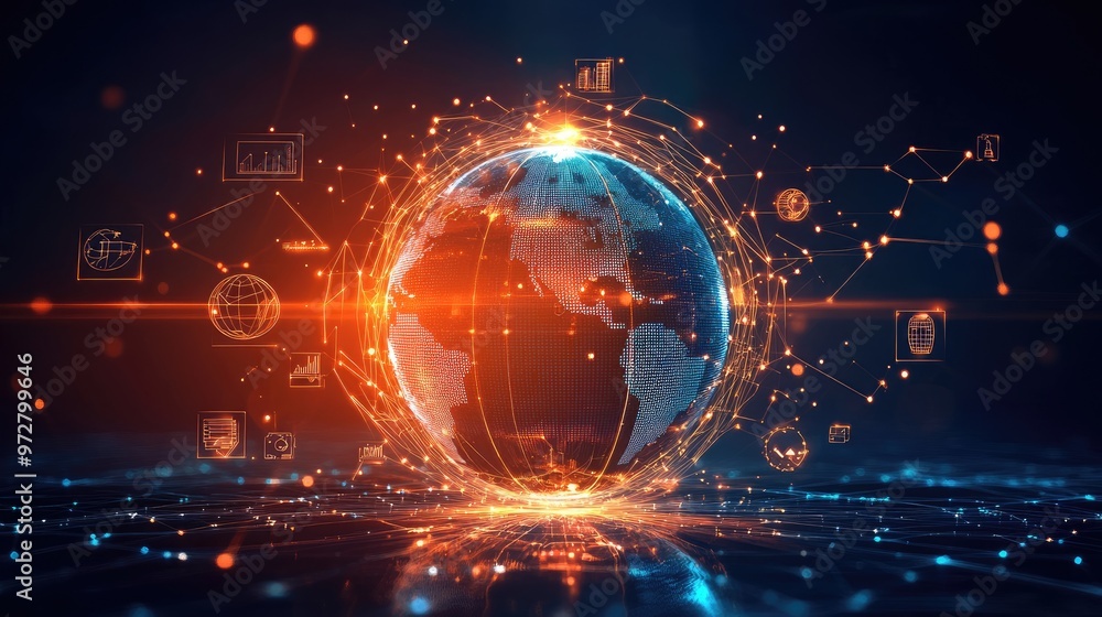 Obraz premium globes with business icons, AI 