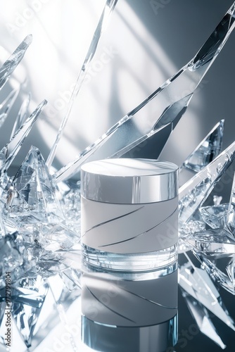 White moisturizer jar cosmetic mockup displayed on a silver surface with scattered sparkling crystals, creating a luxurious, glamorous look. Skincare advertisement concept.