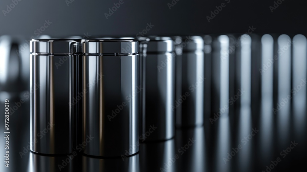 Several cylindrical batteries arranged in a line, with reflections on a glossy black surface and soft lighting Several cylindrical batteries arranged in a line, with reflections on a glossy black surface and soft lighting