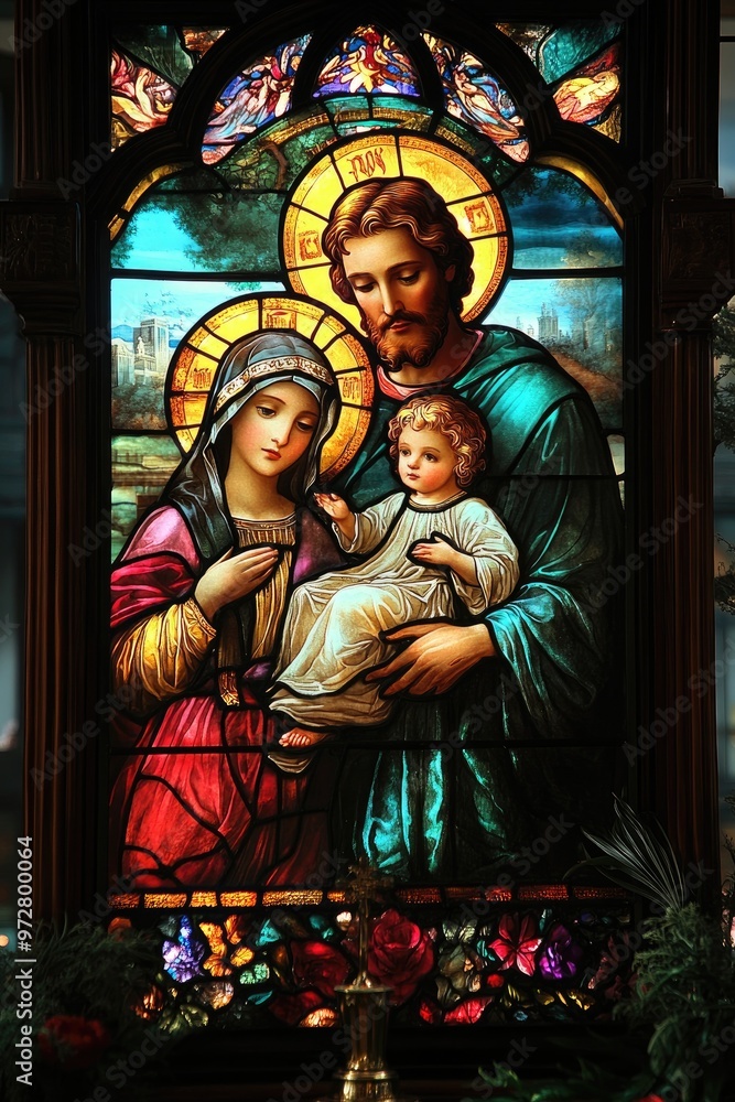 Stained glass window depicting the holy family posing together Stained glass window depicting the holy family posing together