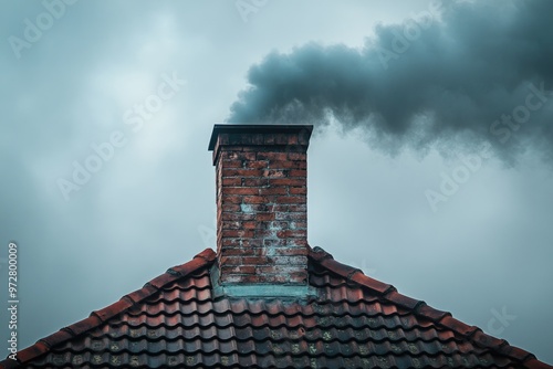 Brick chimney releasing dark smoke into a cloudy sky photo