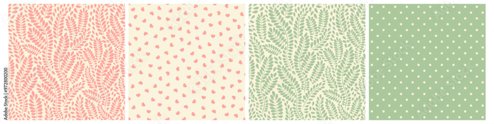 Vector illustration. Pack of seamless patterns of plants, branches, hearts, dots in pastel pink and green colors. Fabric design, wrapping paper Vector illustration. Pack of seamless patterns of plants, branches, hearts, dots in pastel pink and green colors. Fabric design, wrapping paper