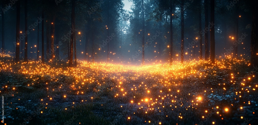 Enchanted Forest at Night with Fireflies. AI generated illustration Enchanted Forest at Night with Fireflies. AI generated illustration