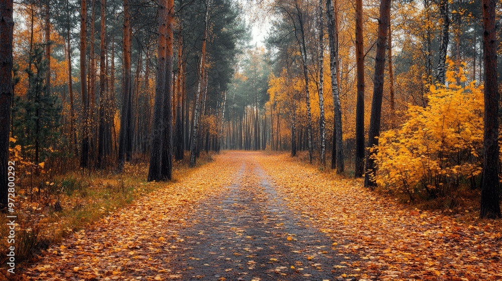 Road leading through an autumn forest covered in fallen leaves Road leading through an autumn forest covered in fallen leaves