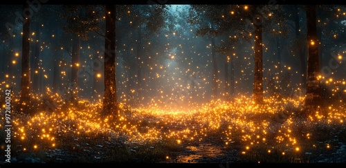 Enchanted Forest at Night with Fireflies. AI generated illustration