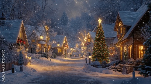 Christmas Eve in a quaint village, with snow-dusted cottages and softly glowing street