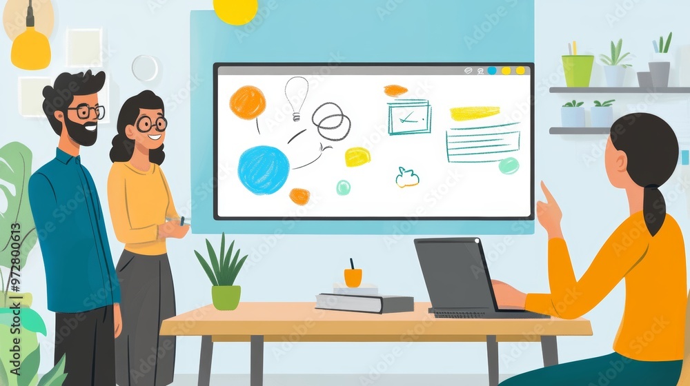 Business Team Brainstorming Ideas on Whiteboard in Office Business Team Brainstorming Ideas on Whiteboard in Office
