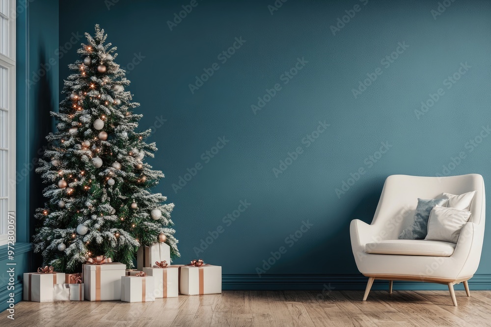 Modern christmas interior with armchair and christmas tree standing near blue wall Modern christmas interior with armchair and christmas tree standing near blue wall