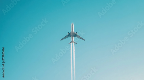 A plane flying high across a clear blue sky, leaving a white contrail that stretches towards the horizon.