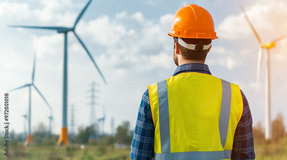 A worker in a safety vest and helmet observes wind turbines, symbolizing renewable energy and sustainability in action. A worker in a safety vest and helmet observes wind turbines, symbolizing renewable energy and sustainability in action.