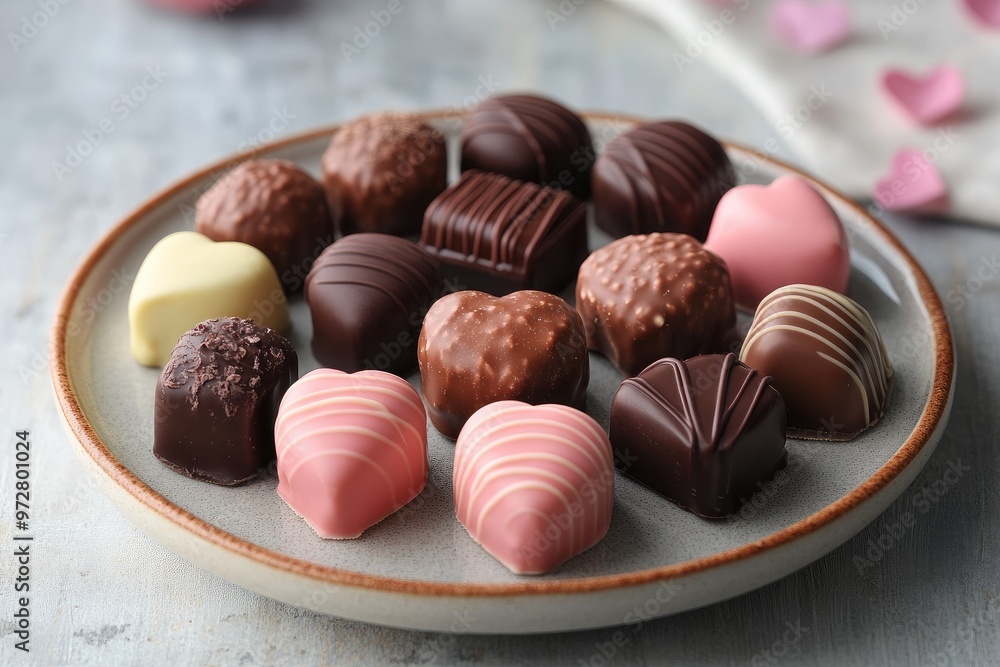 Gourmet chocolate pralines resting on a plate Gourmet chocolate pralines resting on a plate