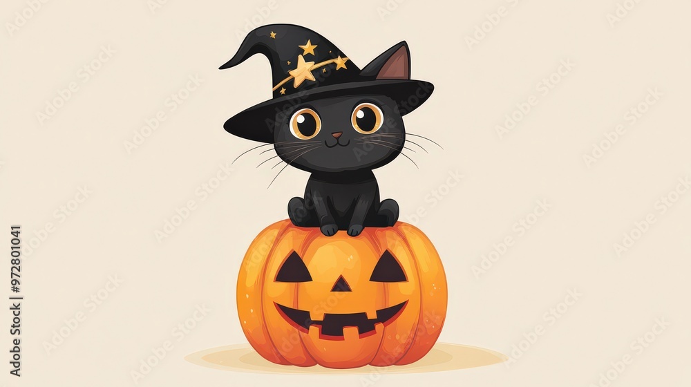 Halloween black cat with pumpkin and witch hat Halloween black cat with pumpkin and witch hat