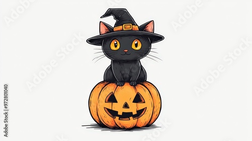 Halloween black cat with pumpkin and witch hat