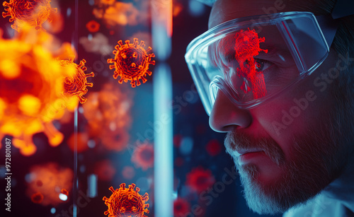 Scientist Examining Virus Particles with Protective Goggles photo