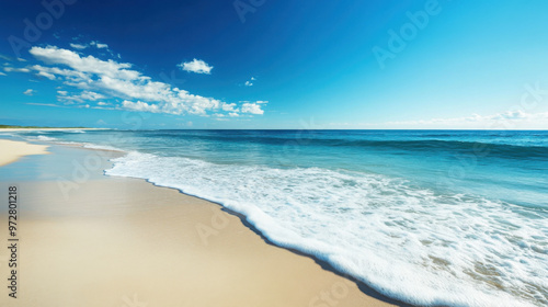 A tranquil beach scene with gentle waves lapping the shore under a wide, clear blue sky.